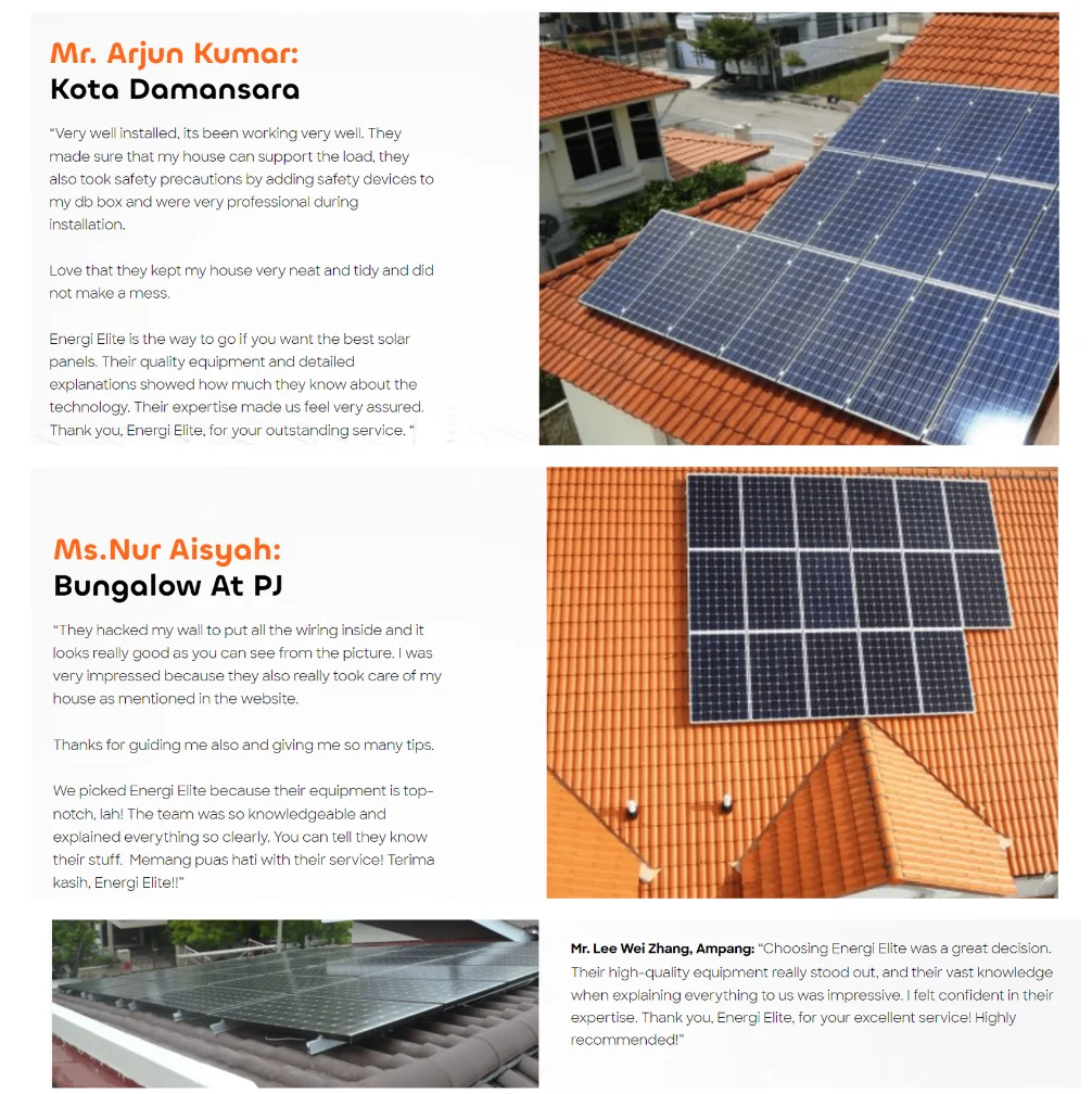 Client testimonials praise Energi Elite for high-quality equipment, attention to safety, and professional solar panel installations.
