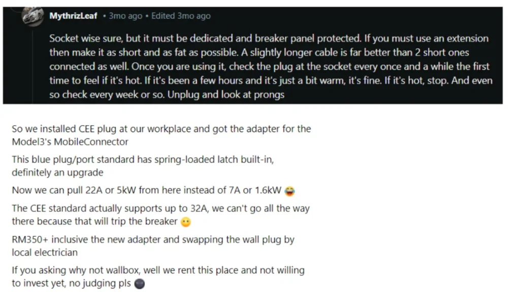 User feedback on safe Mode 1 charging practices, including using dedicated sockets, checking plugs for overheating, and opting for CEE plug installation with a Model 3 adapter.