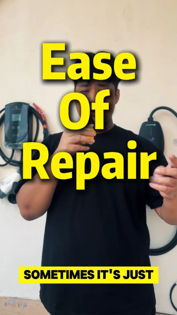 EV Charger comparison highlighting E2’s modular charging cable and accessories, offering easier repairs than the fixed cable on the E1.