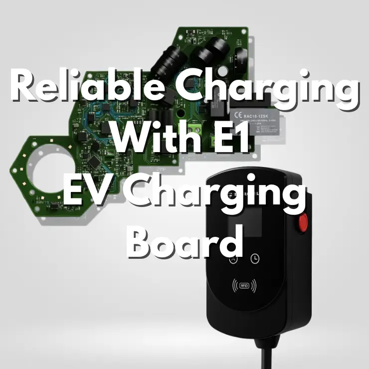 Close-up of the E1 EV Charging Board (PCB) placed next to the E1 electric vehicle charger, highlighting its internal components and build quality.