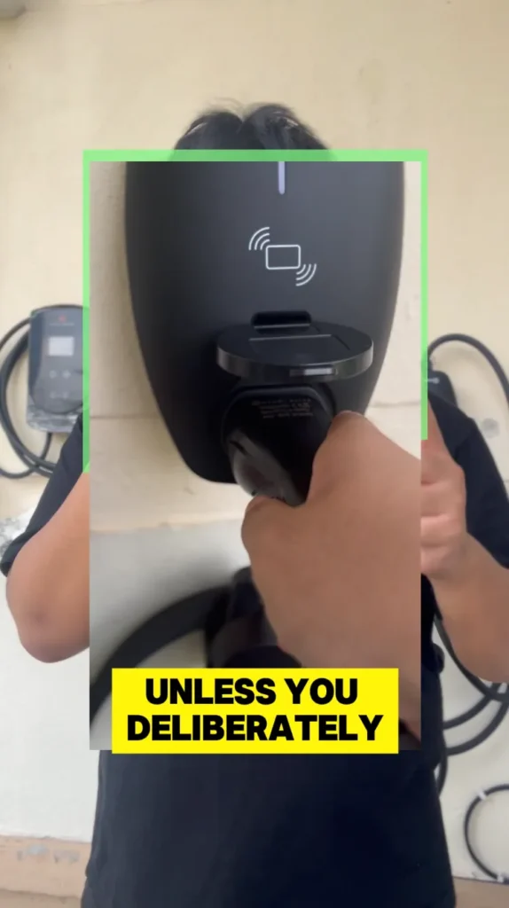 Type 2 EV Charging Cable securely latched into EV socket to prevent disconnection.