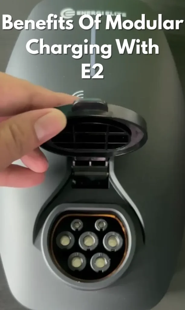 Close-up of a modular Type 2 EV charger socket with removable insert, showcasing swappable design for easy cable replacement
