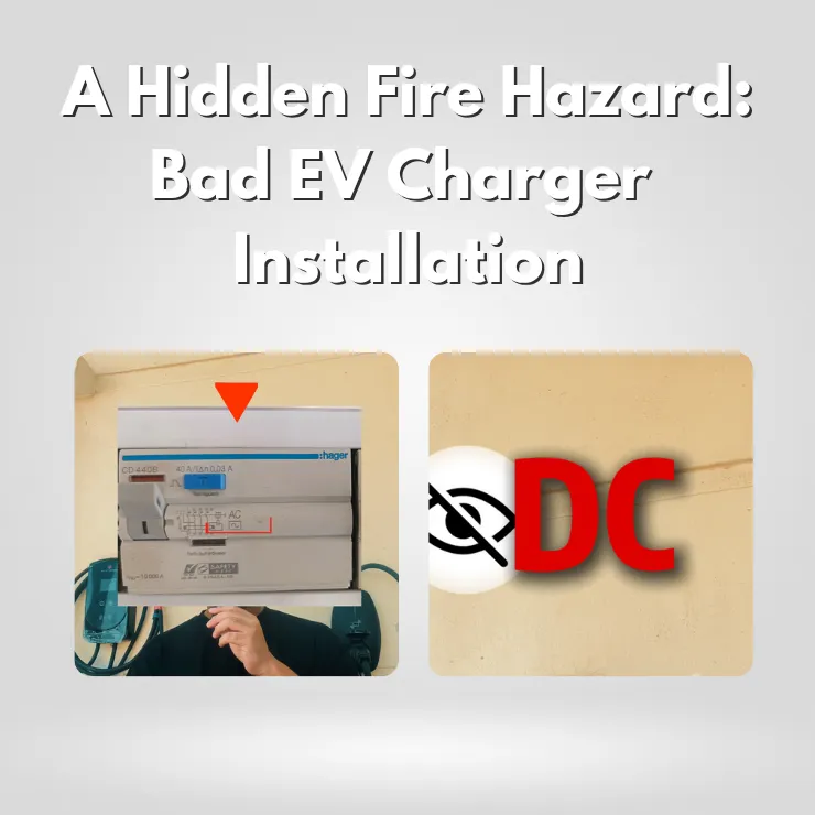 Close-up of a distribution board showing a Type AC RCCB used in a residential EV charger setup, with a visual emphasis on its inability to detect DC faults — a common sign of a Bad EV Charger Installation.