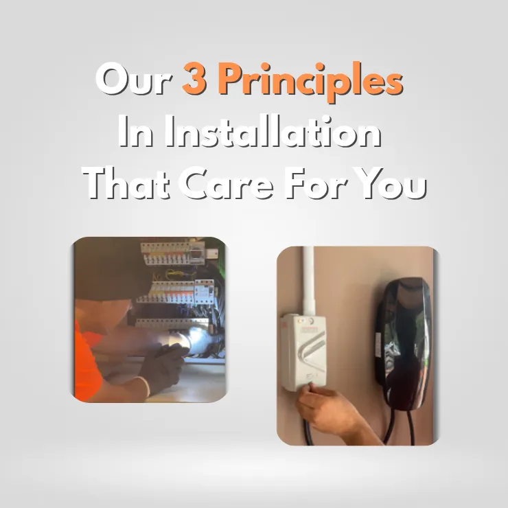 Technician working on distribution board to trace TNB cable during EV Charger installation, with ABB Chargedot charger mounted using isolator and PVC conduit at a customer’s home.